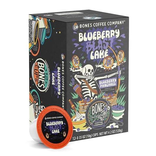 Bones Coffee Company Blueberry Blast Cake, Blueberry Pancake Flavored Coffee Pods, Low Acid Medium Roast Single-Serve Bones Cups, For 1.0 & 2.0 K-Cups Brewers Coffee Maker, 12 Count
