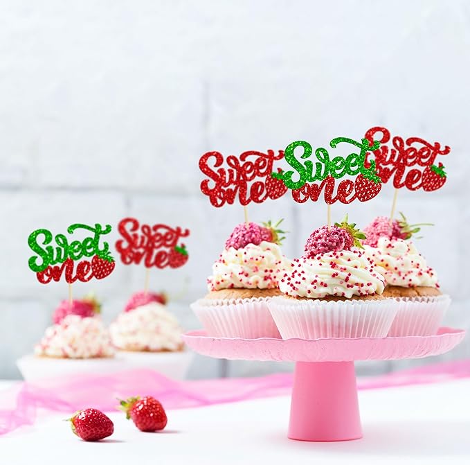 24Pcs Sweet One Cupcake Toppers Glitter Strawberry Cupcake Picks for Baby Shower Boys and Girls 1st Birthday Party Fruit Strawberry Theme Party Cake Decorations Supplies