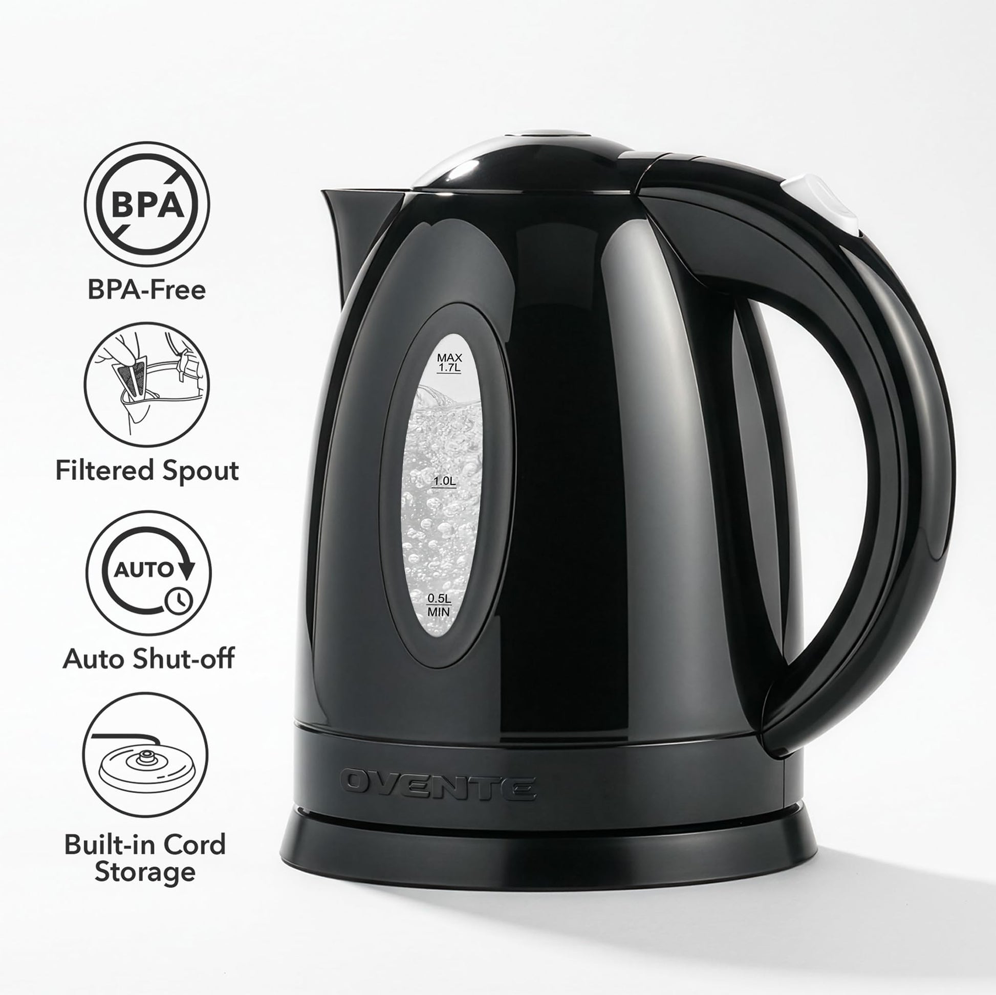 OVENTE 1.7L Electric Kettle with 1100W Fast Boiling Water, Black KP72B
