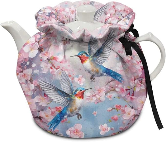Hummingbird Tea Cozy for Teapot, Insulated, Peach Blossom, Fabric, Soft, Comfortable, Decorative Accessory