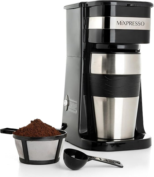 Mixpresso Black Personal Single Serve Coffee Maker with 14oz Travel Mug, Drip Small Coffee Maker with Auto Shut Off, Reusable Filter, Works with Ground Coffee Only ??Not for K-Cup Pods