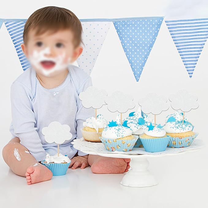 24 PCS Cloud Cupcake Toppers Glitter Glitter White Clouds Cupcake Picks Cloud Baby Shower Decorations for Baby Shower Birthday Wedding Party Cake Decorations Supplies