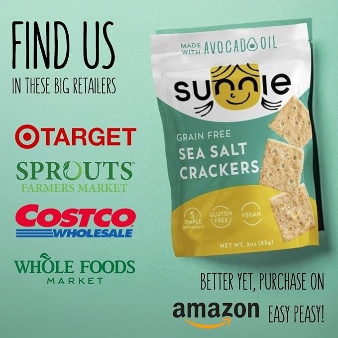 Sunnie Gluten Free Crackers - Healthy Grain Free Sea Salt Crackers, Snacks for Kids & Adults, Made with Avocado Oil, Only 5 Ingredients, Vegan Snack, Low Calorie (4 oz - Pack of 9)