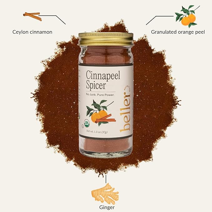Beller Nutrition Cinnapeel Spicer | Organic Ceylon Cinnamon Powder Blend with Ginger & Orange Peel | 2 oz | Ground Ceylon Cinnamon Spice for Baking, Smoothies, Tea & More