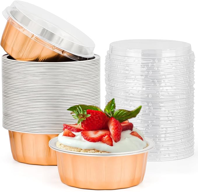 Beasea Disposable Ramekins 8oz, 50 Pack Rose Gold Aluminum Foil Cups with Lids, Disposable Creme Brulee Muffin Cupcake Baking Cup Mini Pudding Cups for Party Wedding Birthday