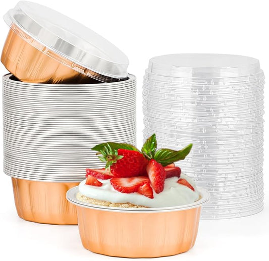 Beasea Disposable Ramekins 8oz, 50 Pack Rose Gold Aluminum Foil Cups with Lids, Disposable Creme Brulee Muffin Cupcake Baking Cup Mini Pudding Cups for Party Wedding Birthday