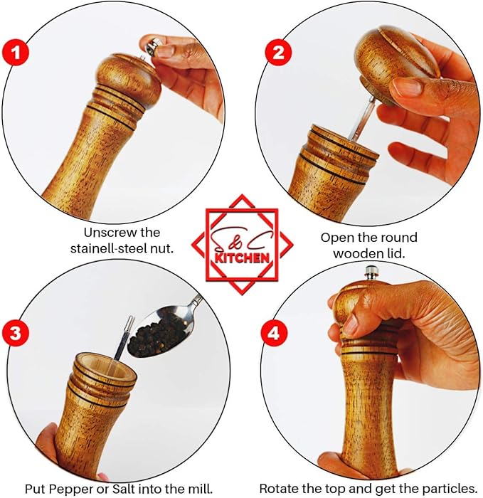 Wooden Pepper Mill or Salt Mill with a cleaning brush - 8 inch tall - Best Pepper or Salt Grinder Wood with a Adjustable Ceramic Rotor and easily refillable - Oak Wood Pepper Grinder for your kitchen