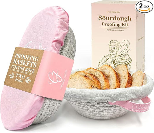 Cotton Rope Bread Proofing Basket, 2 Set, Oval & Round Baskets with Cloth Liners & Pink Covers - Artisan Sourdough Baking Supplies, Decorative Baking Tools for Kitchen & Gift for Baker