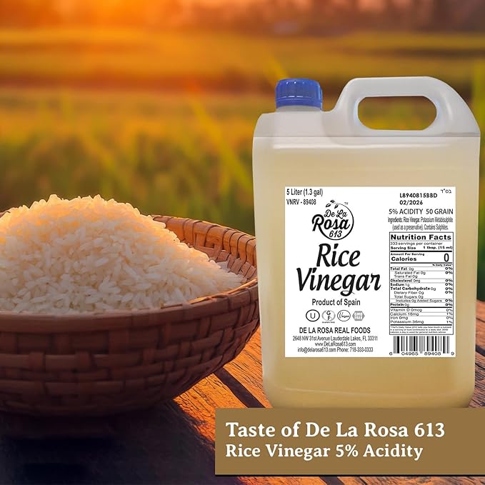 De La Rosa Rice Vinegar 5% Acidity, Kosher, Rice Vinegar for Cooking, Sushi, Salad Dressings and More | Sugar-Free Rice Vinegar - 5 Liter (Pack of 1)