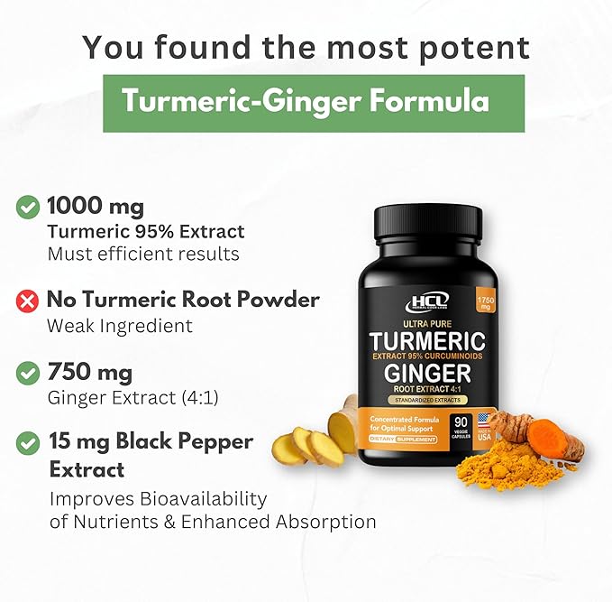 Turmeric Curcumin with Ginger ??1750mg High-Potency Formula with 95% Standardized Curcuminoids and Ginger Extract ??Black Pepper for Enhanced Absorption ??60 Vegan Capsules