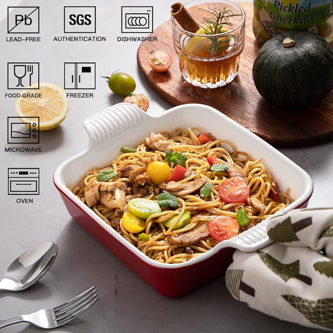 Sweejar Ceramic Baking Dish, 9 x 9 Cake Baking Pan for Brownie, Porcelain Square Bakeware with Double Handle for Casserole, Lasagna, Family Dinner (Red)