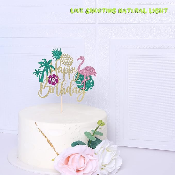 1 Pack Happy Birthday Cake Topper Tropical Hawaiian Luau Cake Pick Glitter Flamingo Plam Leave Pineapple Cake Decoration for Summer Baby Shower Birthday Party Supplies