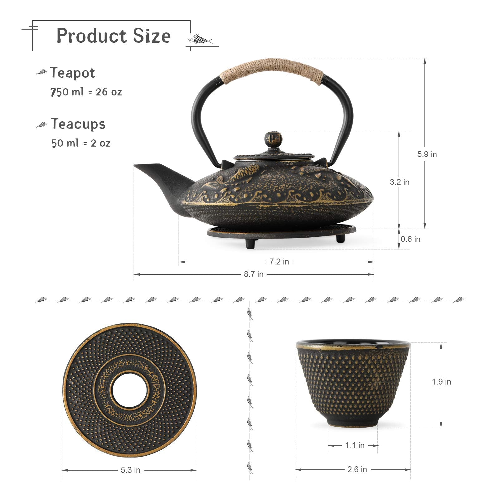 Ufine Koi Fish Cast Iron Teapot Set Stove Top 26 oz Tea Kettle with 4 Cups