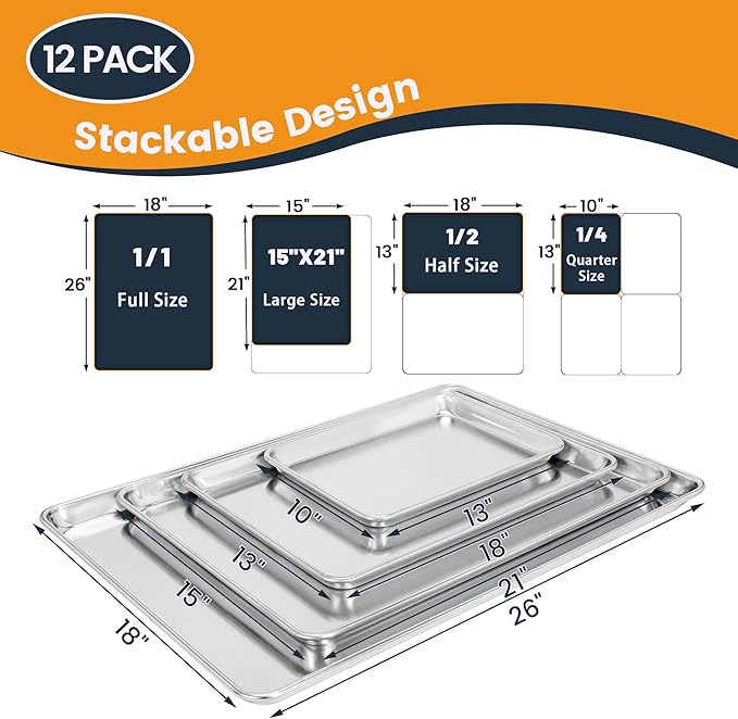 12 Pack Half Size Baking Sheet Pan, Aluminum Commercial Cookie Sheet Pan, Durable & Anti-Stick 18?쓝 13??,<div>