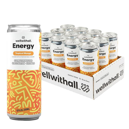 WellWithAll Tropical Mango Energy Drink ??Caffeine from Tea ??With Vitamin C ??Lightly Sparkling Beverage ??Fruit & Veggie Juice Blend ??12 Oz (Pack of 12)