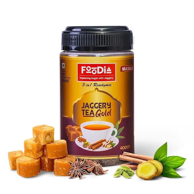 FOODIA Jaggery Masala GOLD Tea | 3 in 1 Premium Readymix with Jaggery, Tea Powder and Mix Masala Spices | 400gm