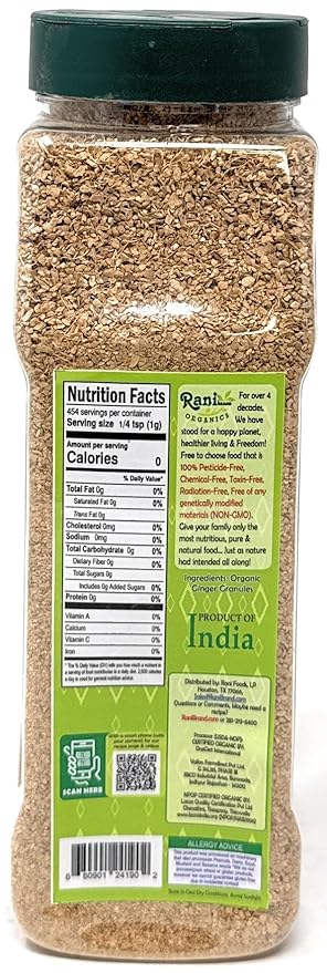 Rani Organic Granulated Ginger (Adarak Granules) 16oz (1lb) 454g PET Jar ~ All Natural | Gluten Friendly | Vegan | NON-GMO | Kosher | No Salt or fillers | Indian Origin | USDA Certified Organic