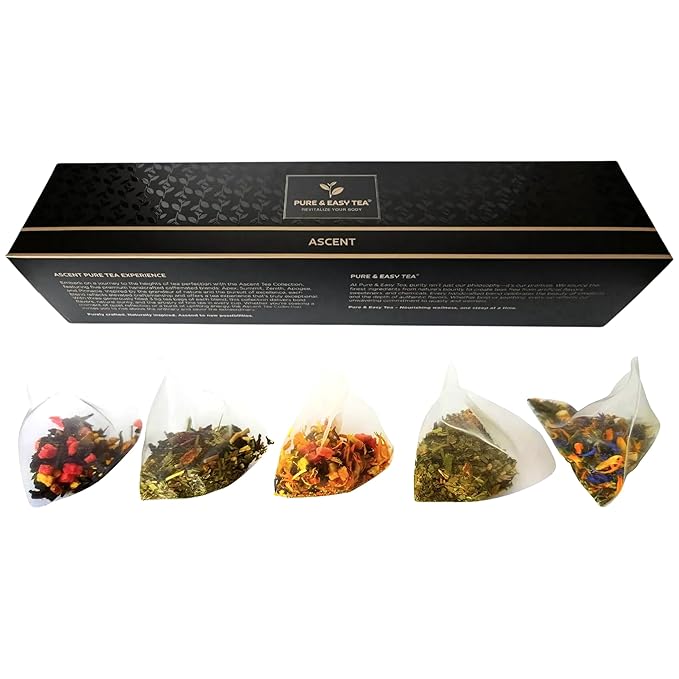 Pure And Easy Tea, Ascent Premium Tea Sampler, 15-Count Variety with 5 Caffeinated Flavors, Natural Loose Leaf Blends in BPA-Free Pyramid Bags, Gift Box, 52.5g