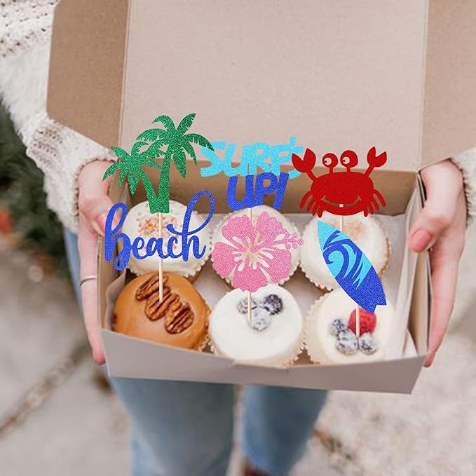 Rsstarxi 28 PCS Summer Beach Cupcake Toppers Glitter Surf's Up Surfboard Cupcake Picks Dolphin Crab Flower Cake Decorations for Hawaii Beach Theme Wedding Baby Shower Birthday Party Supplies