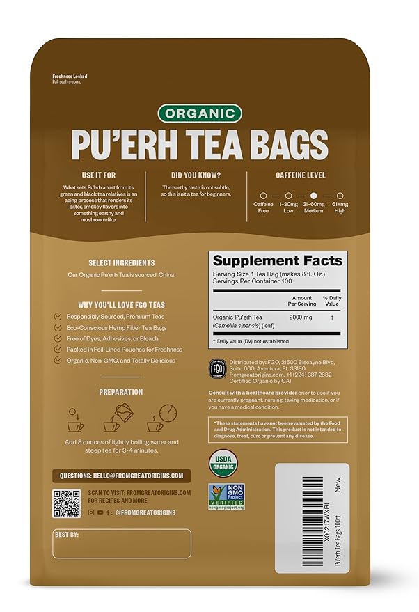 FGO Organic Pu'erh Tea, 100 Count, Eco-Conscious Tea Bags, Resealable Bag, Packaging May Vary (Pack of 1)