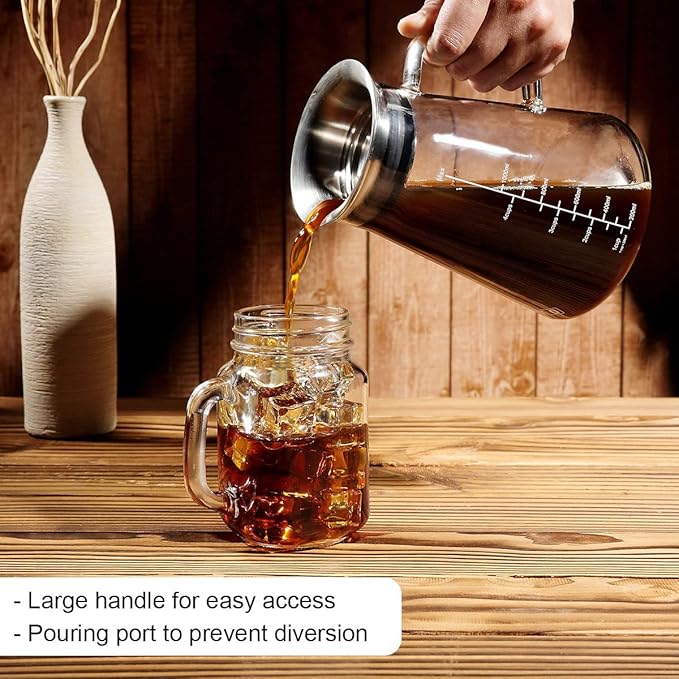 Aquach 34 Oz Cold Brew Coffee & Iced Tea Maker ??Airtight Lid, Dishwasher Safe, Borosilicate Glass Caraf