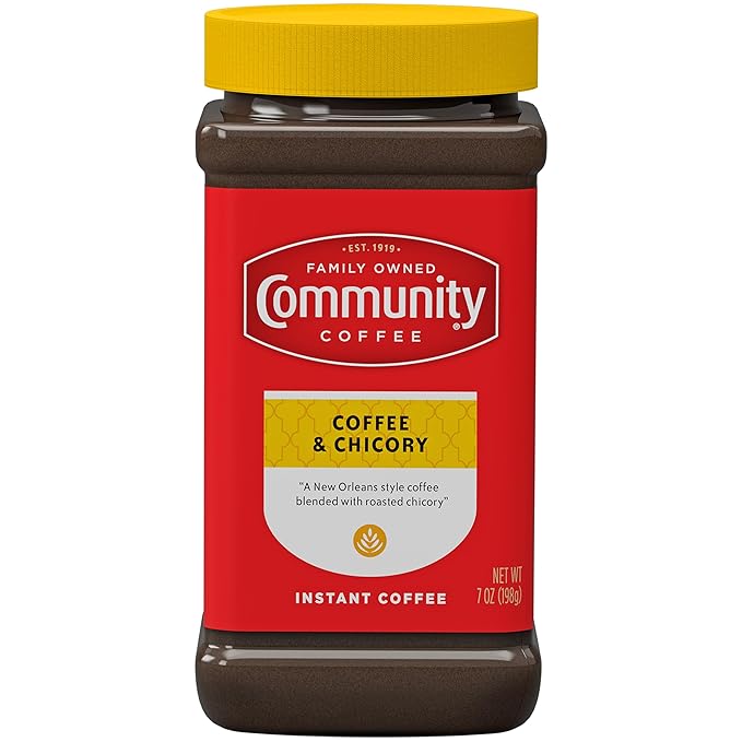 Community Coffee Coffee and Chicory Instant Coffee, Medium Dark Roast, 7 oz Jar (Pack of 12)