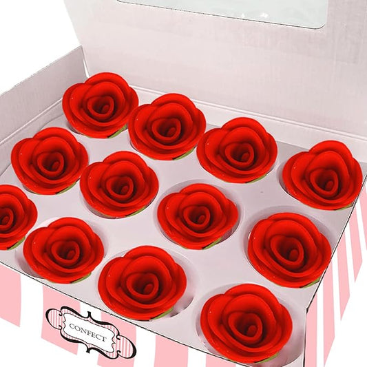 Confect Edible Red Flower | Edible Flower for cake decorations | Edible Flower Cupcake Toppers | | Cupcakes & Doughnut Edible Toppers | Red Sugar Flower- Vegan, Gluten-Free, Nut-Free, Dairy-Free, Palm Oil-Free -Pack of 12