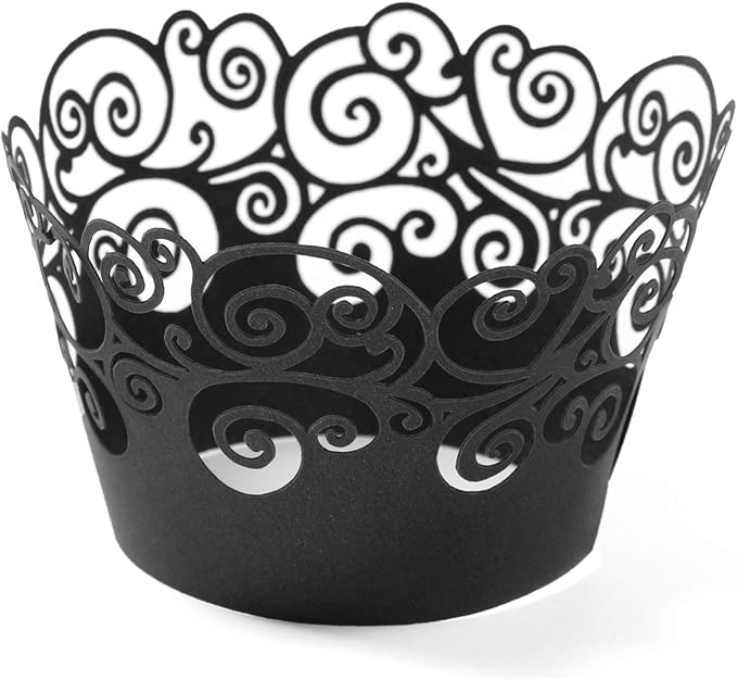 Cupcake Wrappers, KPOSIYA 50 Pack Cupcake Wraps Filigree Artistic Bake Cake Paper Cup Little Vine Laser Cut Liner Baking Cups Muffin Case Trays for Wedding Party Birthday Decoration (50, Black)