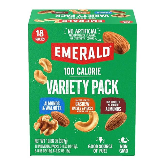 Emerald Nuts Mixed Nuts Variety Pack 18ct (1-Pack) , 100-Calorie Individual Packs , Features Dry Roasted Almonds, Natural Almonds & Walnuts, and Roasted & Salted Cashews