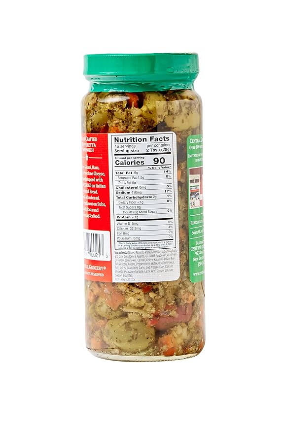 Central Grocery Olive Salad - 16 oz (Pack of 1) Perfect for Muffulettas, Sandwiches, Pizza Toppings, Pastas, Hot Dog Topper, Salads and More