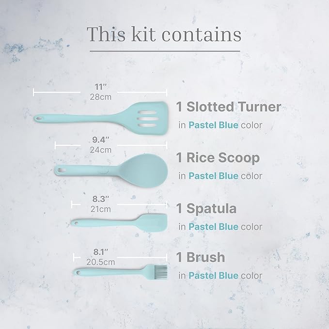 Silicone Utensils 4-Piece Set ??Rubber Spatula, Pastry Brush, Slotted Turner, and Rice Paddle ??Complete Heat-Resistant Set for Non-Stick Cookware ??Kitchen Tools for Cooking and Baking ??Pastel Blue