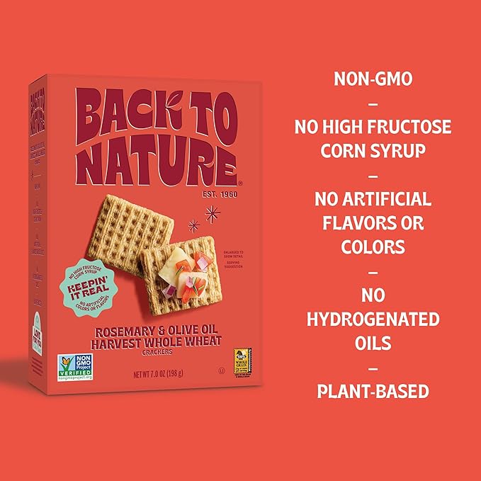 Back to Nature - Rosemary & Olive Oil Harvest Whole Wheat Crackers - Non-GMO, Made with Whole Grain Wheat & Sea Salt, - Seriously Tasty Snacks - 7 Ounce (Pack of 12)