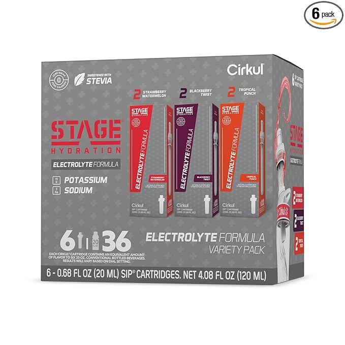 Cirkul Stage Flavor Cartridge Variety Pack with Electrolytes and Stevia, 6-Pack (2 Strawberry Watermelon, 2 Tropical Punch, 2 Blackberry Twist), No Sugar, Zero Calorie Drink Mix