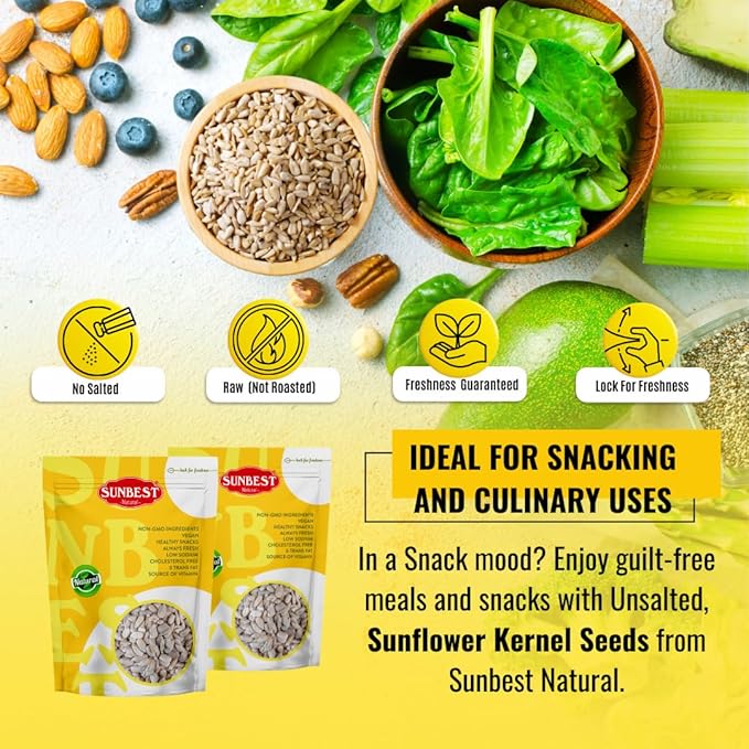 Sunbest Natural Raw Sunflower Seed Kernels 48 Oz (3 lbs) 1 Pack - Unsalted & Nutritious for Snacking, Cooking, & Baking - Vegan-Friendly - Ideal for On-the-Go & Recipes - Bulk Size for Value