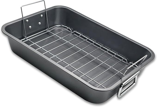 Roasting Pan With Rack 11" x 15" - Non Stick Large Roaster Pan and Flat Rack with Foldable Handles - Roasting Pans for Ovens to Elevate Food for Even Heating - Dishwasher Safe Turkey Roast Pot