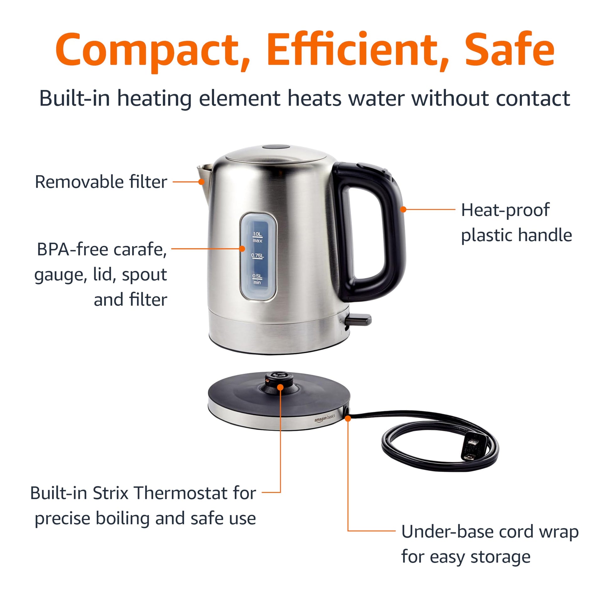 Amazon Basics Electric Stainless Steel Kettle for Tea and Coffee, BPA-Free, Fast Boiling, Auto