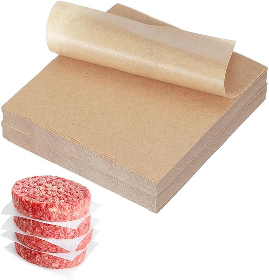 uxcell 500 Pcs Unbleached Parchment Paper Baking Sheets Squares, 4.3 Inch Hamburger Patty Paper, Non Stick Parchment Pulp Paper for Baking Grilling or Meat Storage, Wood Color