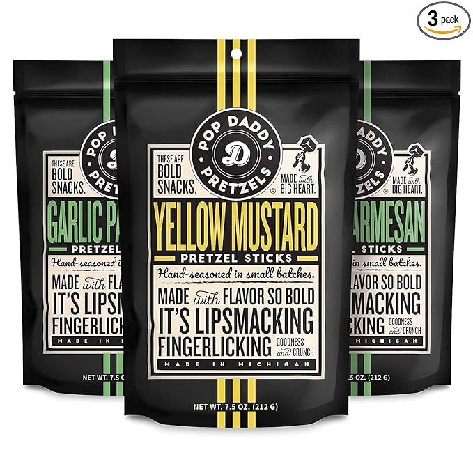 Pop Daddy Flavored Pretzels Sticks, Healthy Gourmet Pretzels, 7.5oz Variety Pack, 3 Pack, Garlic Parmesan (2) and Yellow Mustard (1)