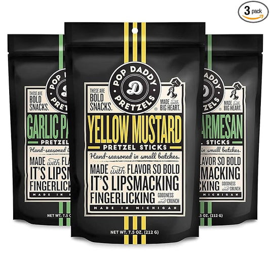 Pop Daddy Flavored Pretzels Sticks, Healthy Gourmet Pretzels, 7.5oz Variety Pack, 3 Pack, Garlic Parmesan (2) and Yellow Mustard (1)