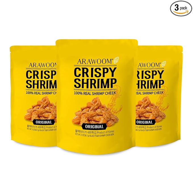 ARAWOOM - 100% Real Black Tiger Shrimp Head Crisps, Original Pack [2oz, Pack of 3], Crispy Seafood Snack, High-Protein Crunch, Crunchy On-the-Go Treat