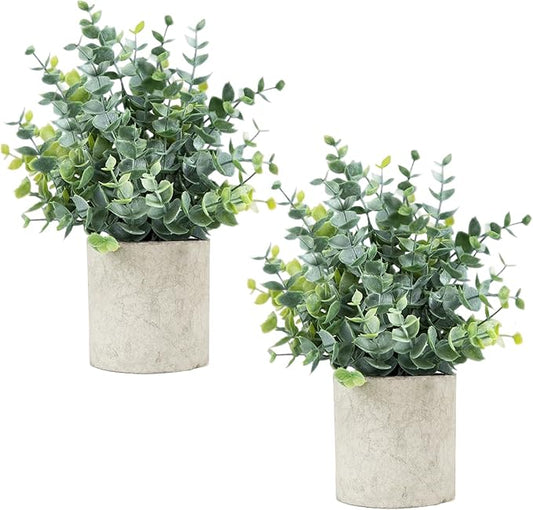 Velener 2 PCS Small Fake Eucalyptus Plant Artificial Potted Plants Indoor for Desk, Shelf, Home Decor Realistic Faux Plant for Office, Bathroom/Living Room Decoration (Sage Green)
