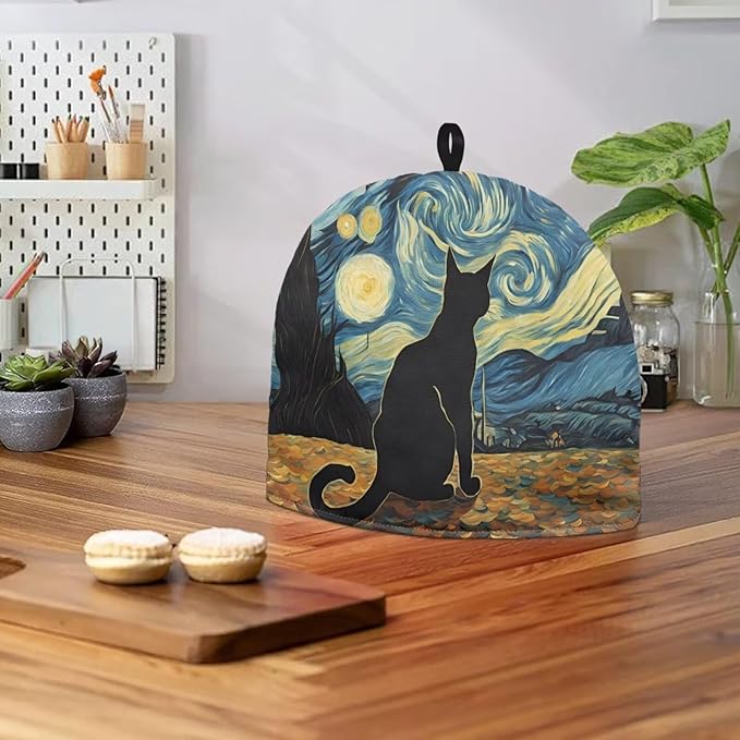Cute Black Cat Tea Cosy for Teapot Starry Night Customized Teapot Covers Cover with Handle Kitchen Kettle Dust Cover for Keeping Warm Machine Washable Tea Cosy Fabric Quilted Padding