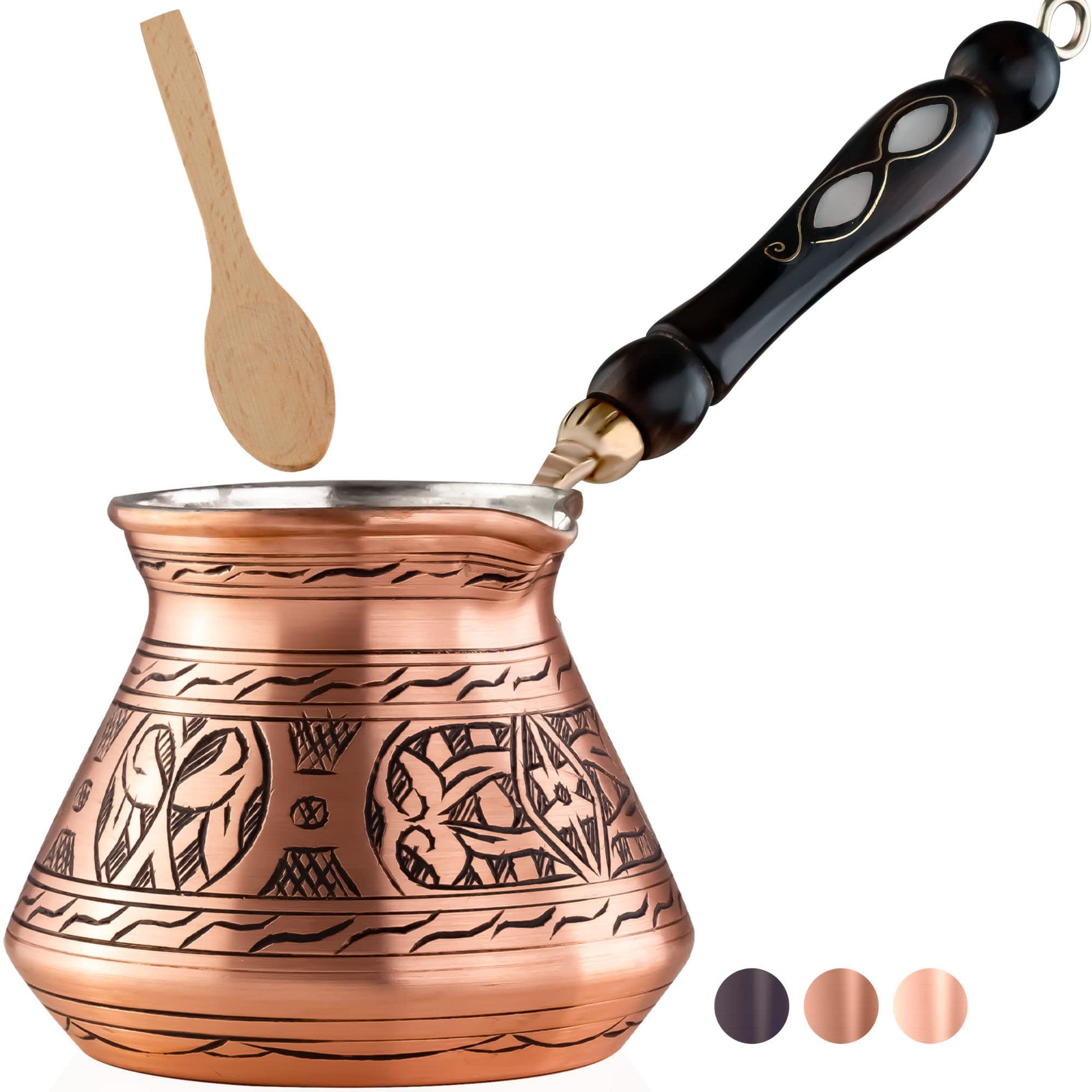BCS 18 oz Handmade Copper Turkish Coffee Pot, Hand-Engraved Cezve & Spoon