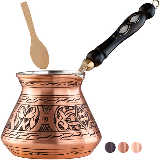 BCS 18 oz Handmade Copper Turkish Coffee Pot, Hand-Engraved Cezve & Spoon