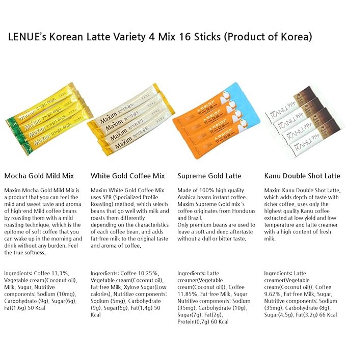 Korean Latte - Korean 3 in 1 Instant Coffee Variety Sample Packets with Gift Box Set, Maxim Supreme Gold KANU Latte 4 Mix Combination 16 Sticks