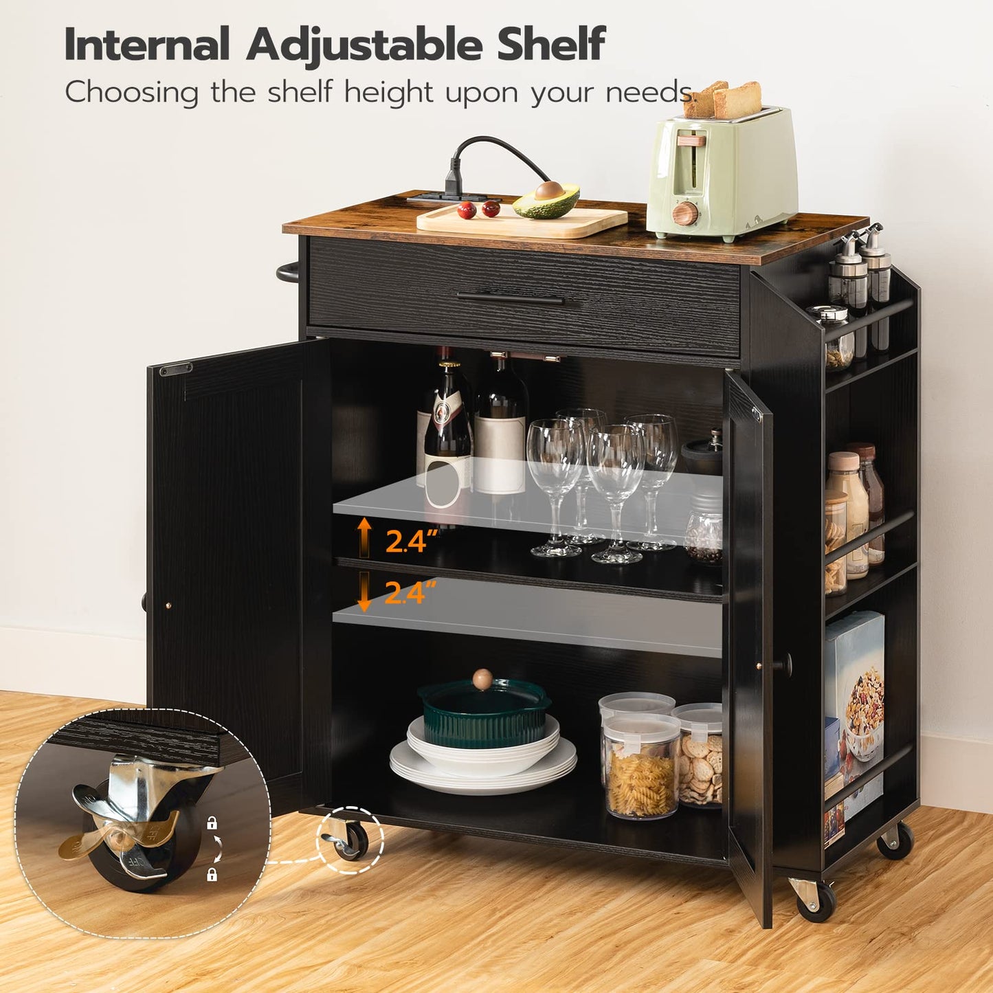 HOOBRO Kitchen Island with Power Outlet, Storage Island with Spice Rack and Drawer, Rolling Kitchen