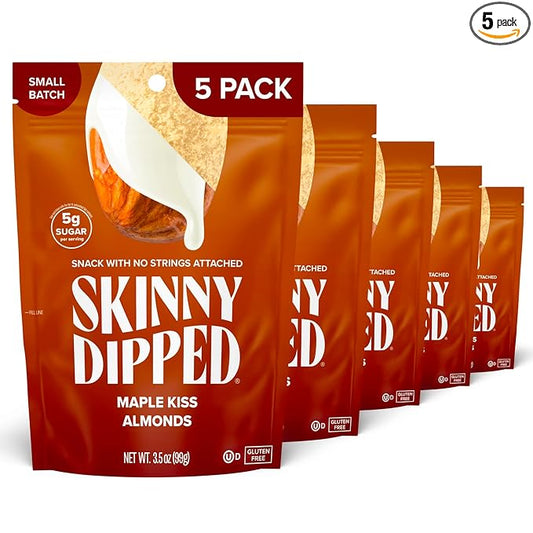 SkinnyDipped Maple Kiss Almonds, Healthy Snack, Plant Protein, Gluten Free, 3.5 oz Resealable Bags, Pack of 5, Seasonal Flavor