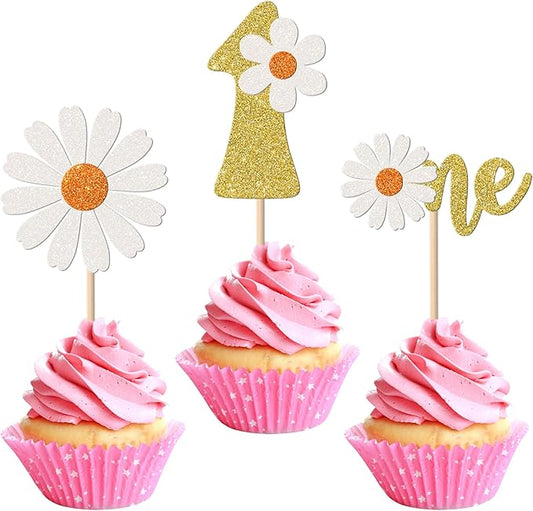 24 Pack 1st Birthday Daisy Cupcake Toppers Glitter One Daisy Cupcake Picks Spring Daisy Chrysanthemum First Birthday Cupcake Decorations Kids birthday Party Supllies Gold