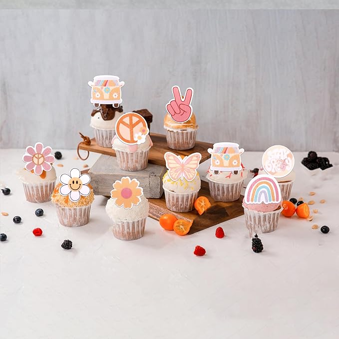 63 PCS Edible Hippie Party Cupcake Toppers Peace Sign Hand Butterfly Two Groovy Cupcake Picks Dasiy 60s Retro Boho Cake Decorations for Hippie Two Groovy Carnival Theme Birthday Party Supplies