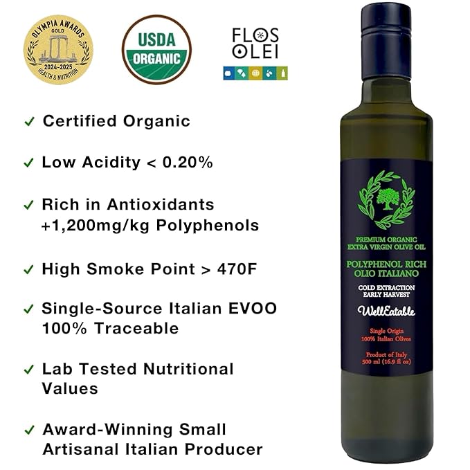 WellEatable Robust +1,200 mg/kg Polyphenol Rich Olio Italiano, New 2024-2025 Early Harvest Organic Extra Virgin Olive Oil from Italy, Lab Tested, Cold Extracted for Drinking and Finishing, 16.9 fl oz